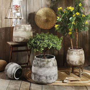 氧化镁复古工艺大口径落地花盆家居民宿庭院景观高山柳叶榕绿植盆