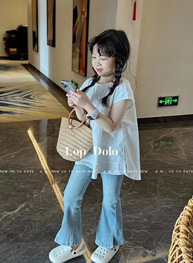 韩童装女童中大童夏休闲白衬衫甜美日系纯色文艺长款圆领宽松上衣