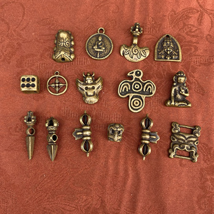 仿古黄铜藏式小元素大鹏鸟十字杵雪狮经书扣背云佛串珠串文玩配饰