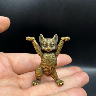 复古黄铜小猫摆件猫咪笔架站立举手小铜猫迷你小动物铜玩加菲猫