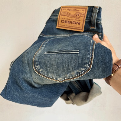 高端复古修身直筒男士厚牛仔长裤