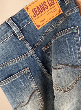 高端潮牌蓝色牛仔裤男春秋单裤修身小直筒青年男士美式百搭长裤子