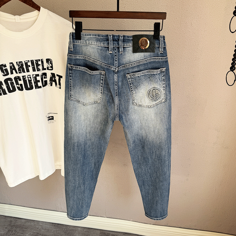 高端轻奢风印花小个子八分裤九分裤牛仔裤男款2025新款锥形小脚裤