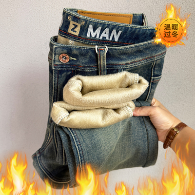 欧美复古冬季加绒锥形男牛仔裤