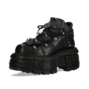 西班牙小众网红铆钉潮皮鞋 坦克底机车靴 男复古金属厚底松糕老爹鞋