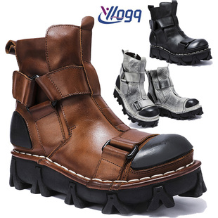 朋克马丁靴男镂空复古高帮洞洞皮靴牛皮中筒潮厚底工装 牛仔骑士靴