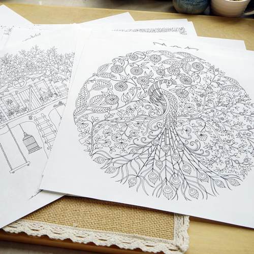 超大尺寸我的秘密花园涂色卡/单张白描线稿/减压涂色20张随机