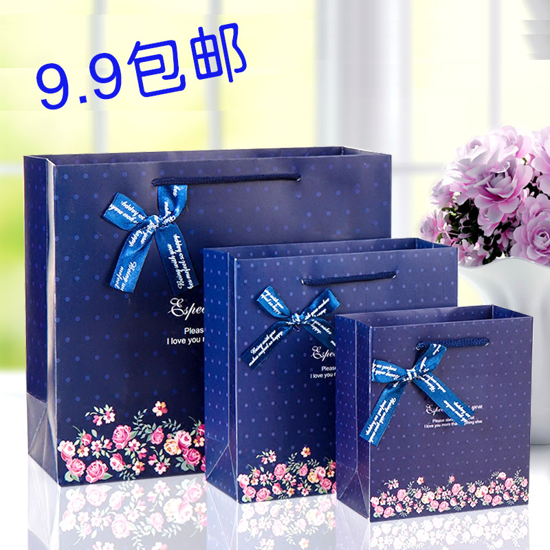 碎花蓝色商务礼品袋蝴蝶结手提袋纸袋婚庆节日礼物包装袋订制包邮