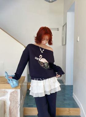 BENYAN-6年早春BEN本言早春上新刺绣钉珠一字领斜肩针织卫衣82820