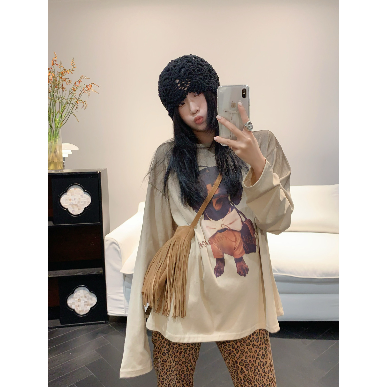 VANESSA-眼睛小狗工艺扎染印花大T长袖T恤266270