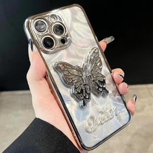 适用苹果17Air 17ProMax羽毛蝴蝶支架英文16e 15pro电镀iphnoe14plus精孔13pro 11 Xsmax 12pro 8P手机壳7P