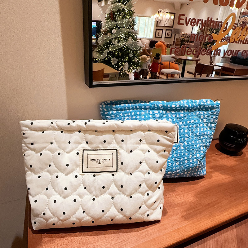 法式波点化妆袋女便携大容量菱格夹棉拉链收纳袋横款方形洗漱包,收纳整理,化妆包,淘宝优惠券,粉丝福利购,淘宝优惠卷