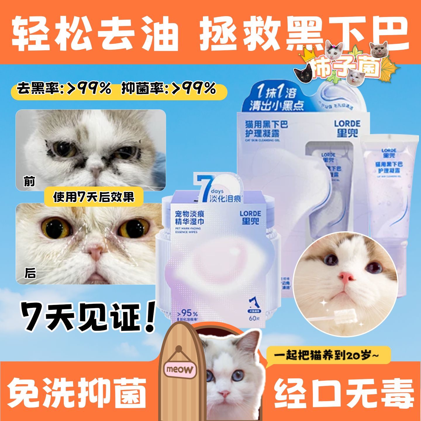 【柿子菌】LORDE里兜宠物猫免洗凝露黑下巴去油抑菌面部清洁套装