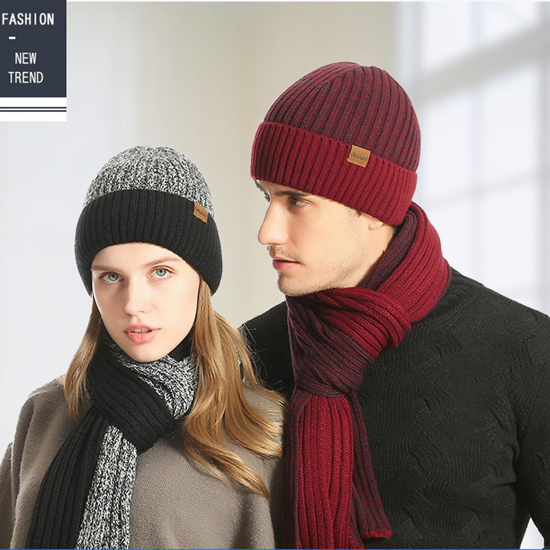 三件套秋冬针织毛线双面拼色围巾男女情侣加厚围脖帽子手套青年