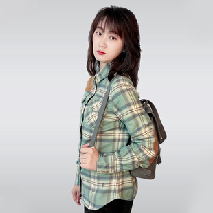 RTW 衬衫女2021年春季新款女纯棉鹿皮绒拼接格子衬衣韩版修身衬衫