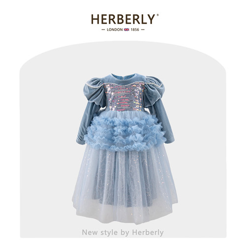 赫柏莉HERBERRY女童艾莎公主裙冬装冰雪奇缘小女孩加绒生日礼服裙