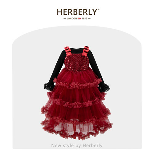 赫柏莉HERBERRY女童新年红网纱蓬蓬裙秋冬小女孩小香风礼服裙套装