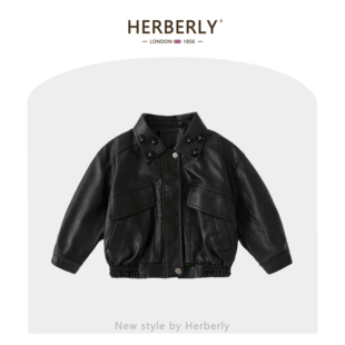 赫柏莉HERBERRY女童皮衣外套春秋装时髦女宝宝翻领钉珠皮夹克上衣