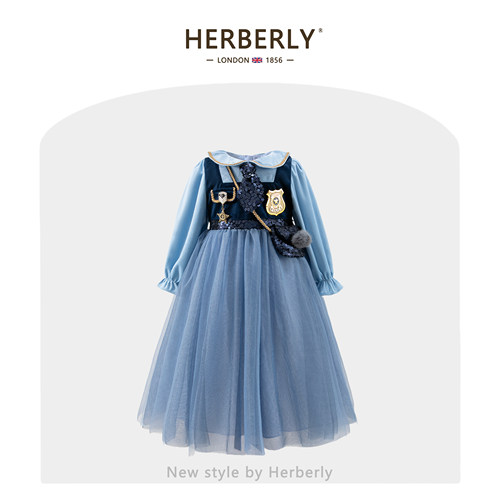 赫柏莉HERBERRY女童朱迪兔子警官网纱裙春秋洋气小女孩生日连衣裙