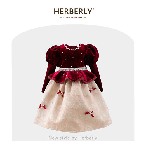赫柏莉HERBERRY女童丝绒礼服公主裙冬装法式小女孩加绒生日连衣裙