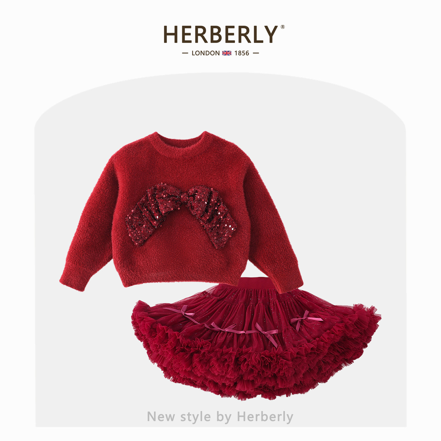 赫柏莉HERBERRY女童圣诞红色套装秋冬高端小女孩仿貂绒毛衣tutu裙