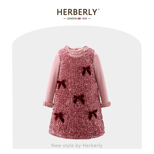 赫柏莉HERBERRY女童珠片丝绒蝴蝶结背心裙秋冬洋气儿童生日连衣裙
