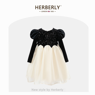 赫柏莉HERBERRY女童丝绒连衣裙春秋款洋气小女孩泡泡袖礼服公主裙