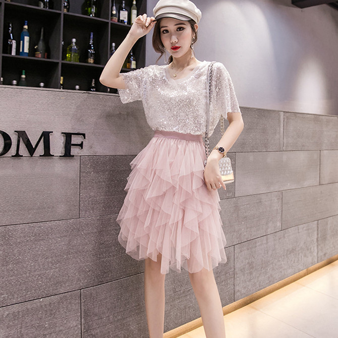 夏季新款女装韩版网纱蓬蓬裙半身短裙不规则百褶仙女裙