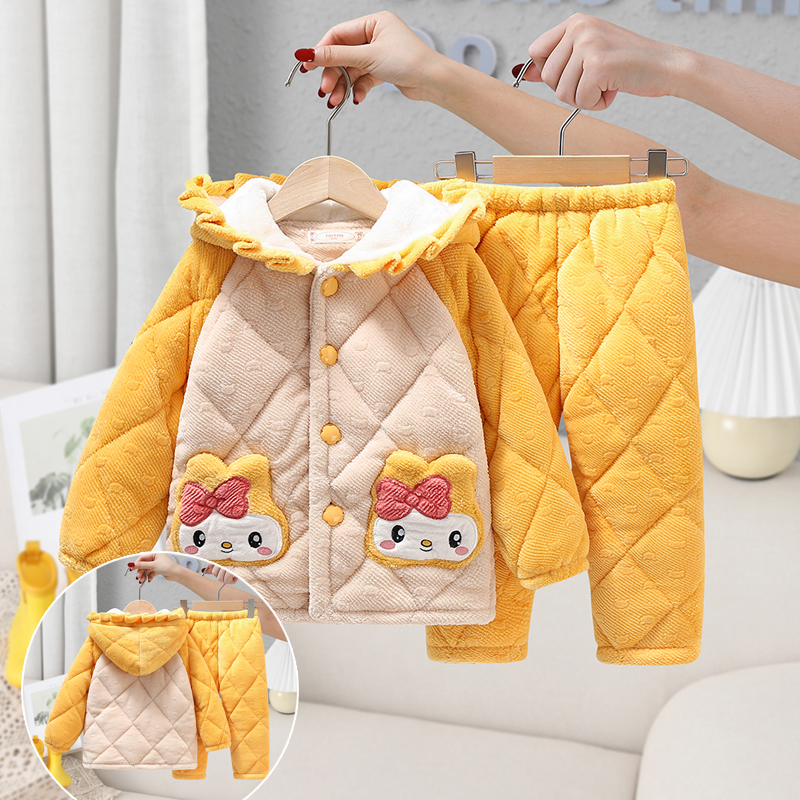 冬季儿童三层夹棉加厚保暖睡衣