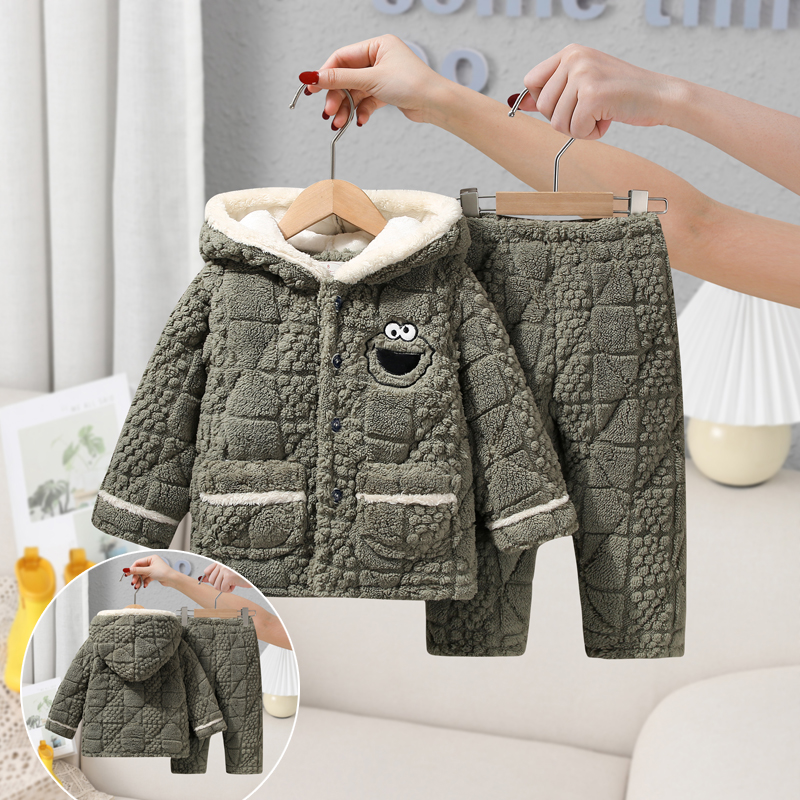 男童冬季夹棉睡衣三层加厚保暖法兰绒儿童家居服套装宝宝珊瑚绒