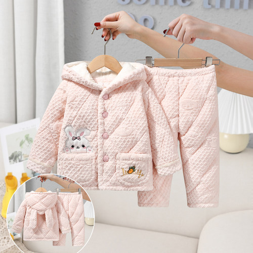 女童法兰绒睡衣冬季三层加厚夹棉珊瑚绒儿童中大童兔子家居服带帽