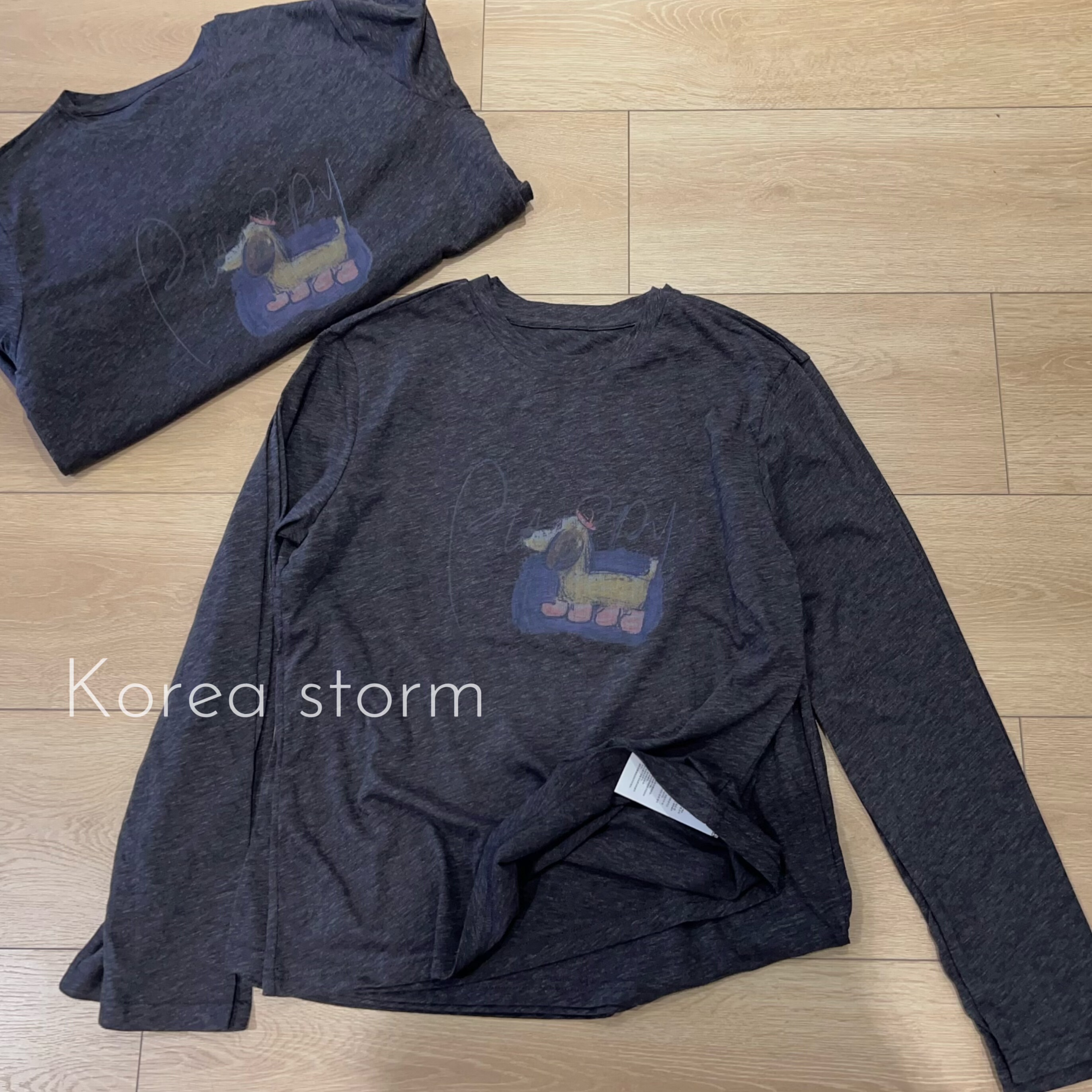 韩国ONE 秋冬新款圆领休闲卡通图案小宽松显瘦深灰色长袖厚款T恤