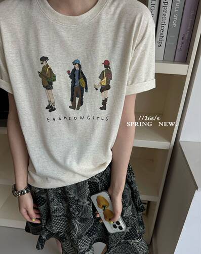 推荐 ONE通勤 穿搭钉珠时尚女孩韩国新款夏季圆领印花图案短袖T恤