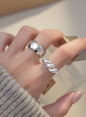 日韩简约设计感菱格纹麻花光面套装戒指时尚个性开口食指戒手饰品