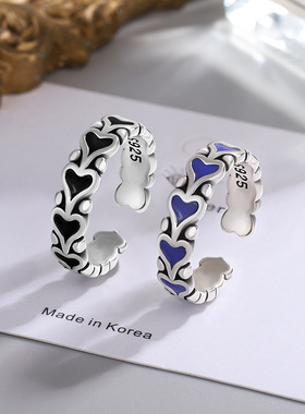 日韩版黑色紫色心形戒指泰银做旧复古轻奢风个性爱心开口戒指饰品