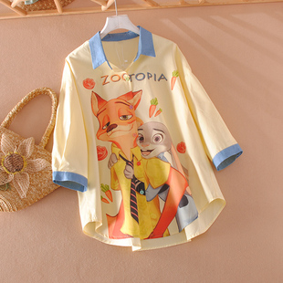 春夏女衬衫七分袖宽松休闲百搭印花拼接多巴胺色系上衣文艺范衬衣