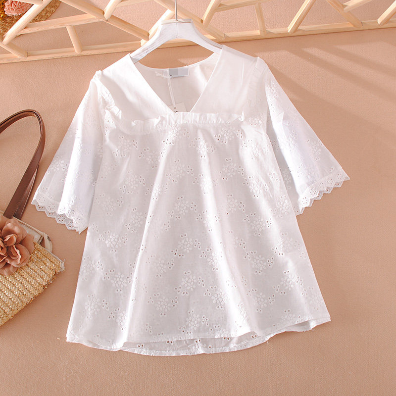 荷叶边杏色衬衫女短袖夏季薄款文艺时尚镂空花宽松设计感百搭上衣