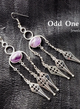 Odd One 做旧烧银色镶嵌紫色天然石复古民族风流苏耳饰耳环