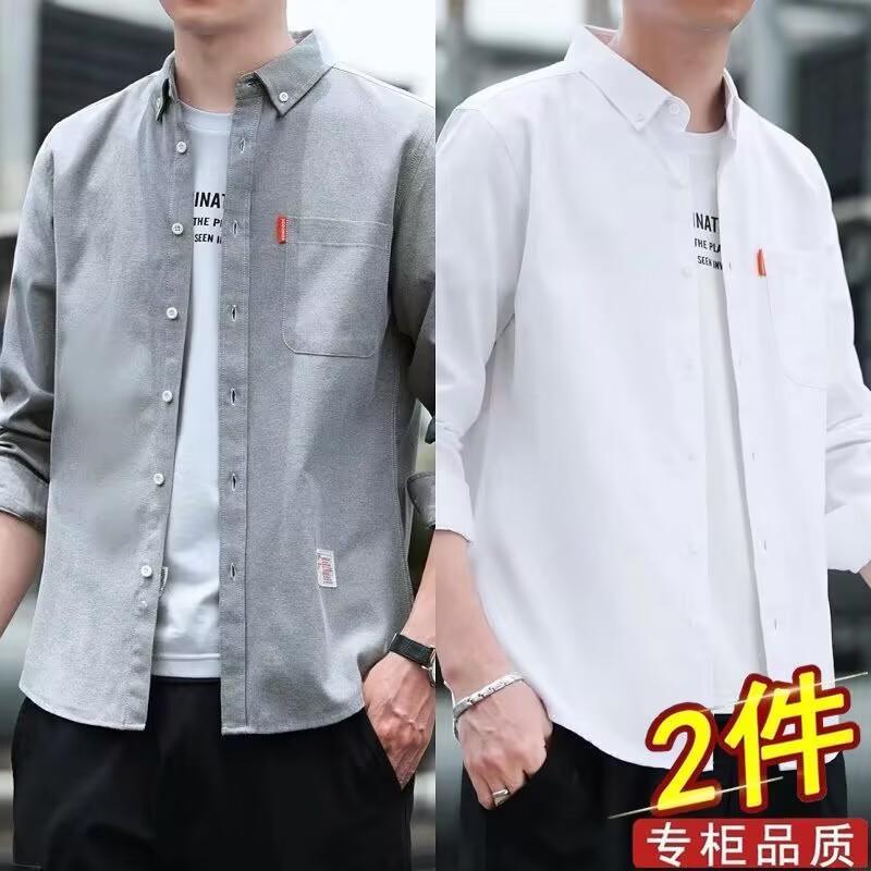 春夏新款长袖衬衫男士韩版修身复古纯色休闲潮工装衬衣痞帅外套12