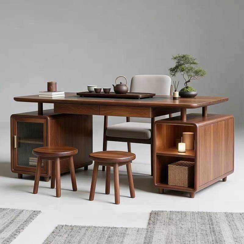 新中式黑胡桃木茶桌客厅家用实木茶台禅意茶室简约储物一体泡茶桌