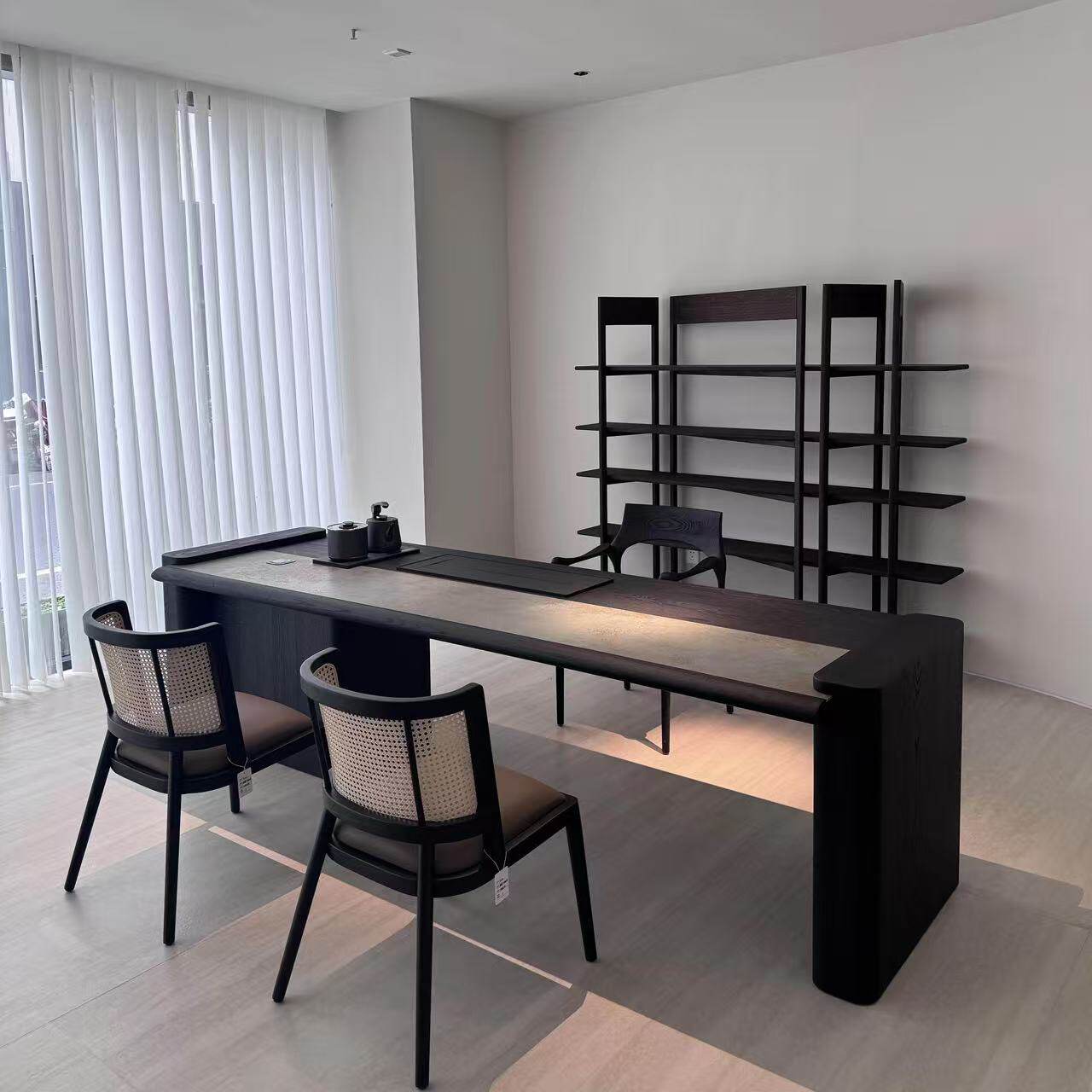 现代简约实木大理石茶桌设计师款长方形办公室家用高级感岩板茶台