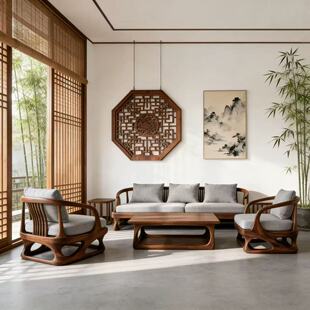 新中式 直排沙发 黑胡桃木实木沙发高端轻奢家用客厅禅意家具新款