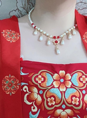 汉服背云软璎珞长款项链流苏仿珍珠项圈明制晚古风复古坦领配饰