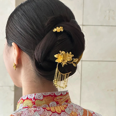 水舞U2312 金色花朵流苏新娘秀禾发钗头饰龙凤褂百搭不挑人发簪