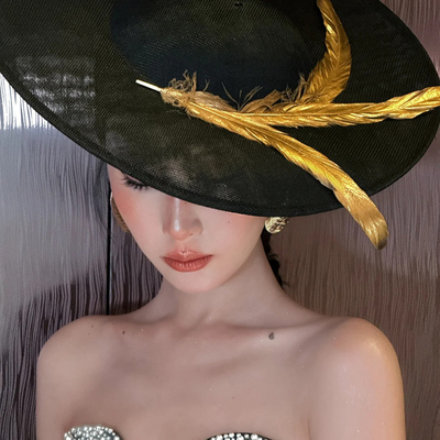 水舞B3100 复古黑色新娘礼帽头饰法式大檐帽金色羽毛帽子礼服配饰