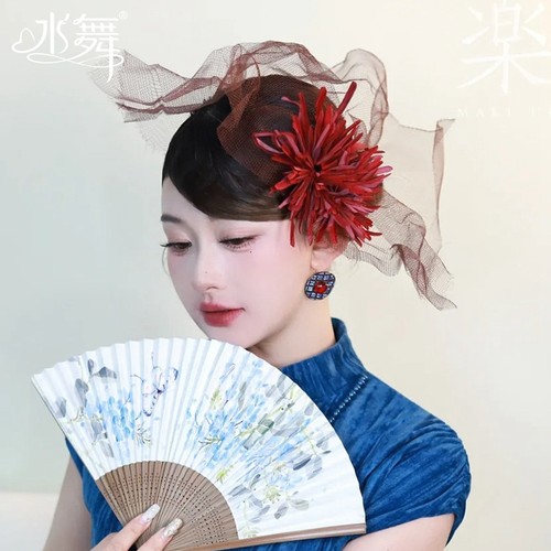 水舞B2855 新中式潮流网红气质旗袍红色云雾网纱头花新娘结婚头饰