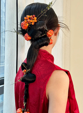 水舞U2167 新娘旗袍头饰小众橘色仿真南瓜发饰新中式晨袍发饰品