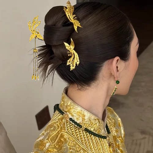 水舞U2261 中式秀禾新娘头饰简约凤簪金色发簪古典汉服龙凤褂发饰