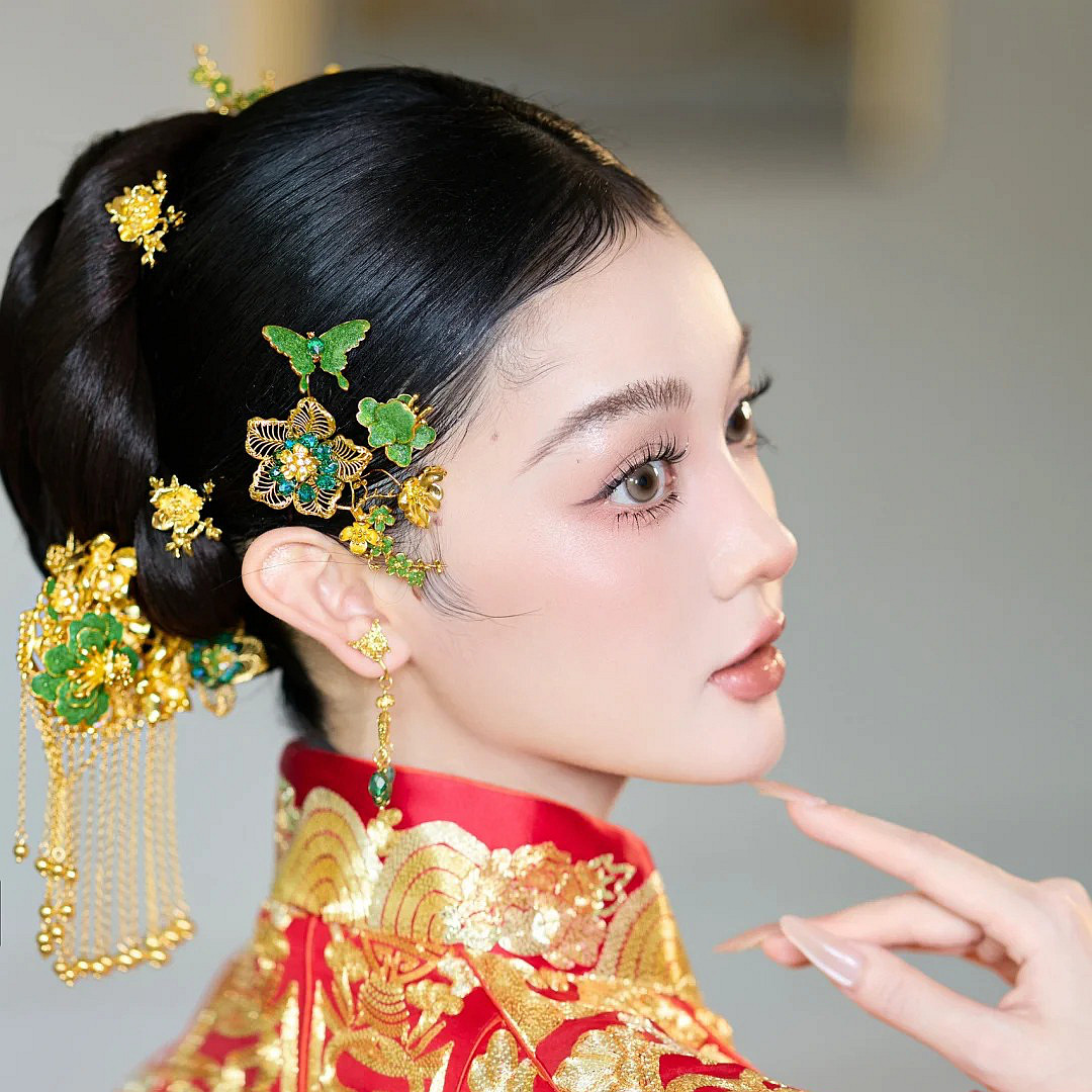水舞U2346 中式金绿色新娘秀禾服头饰古典发钗结婚龙凤褂发饰配饰