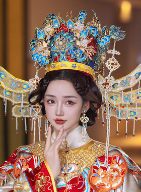 水舞U1689新娘头饰新款中式奢华凤冠蓝色明制唐朝结婚礼秀禾发饰